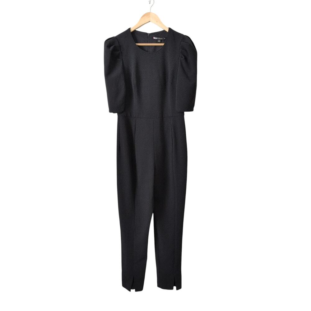 Black Halo Russo Puff Shoulder Slit Jumpsuit Black Size 8 Slim Leg Front Pockets - Picture 4 of 15